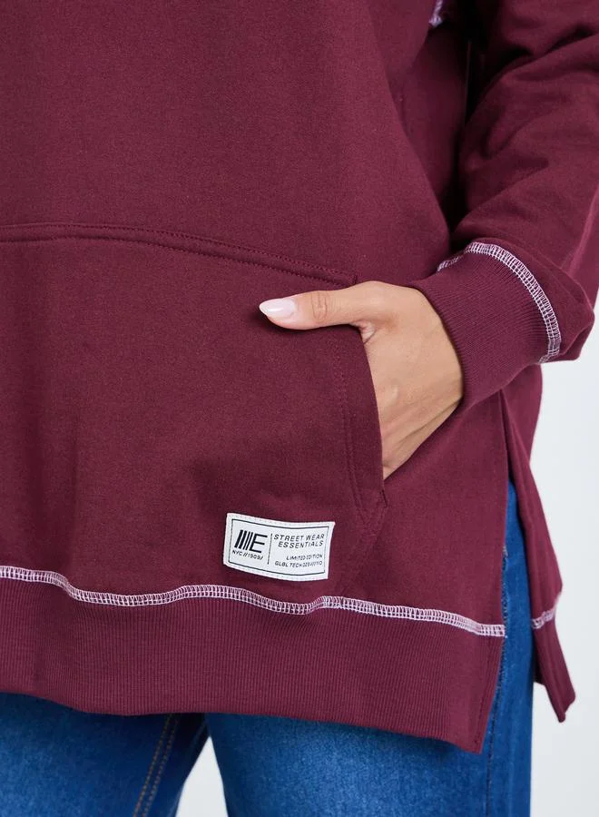 Styli Women Purple Longline Hoodie with Stitch Detail